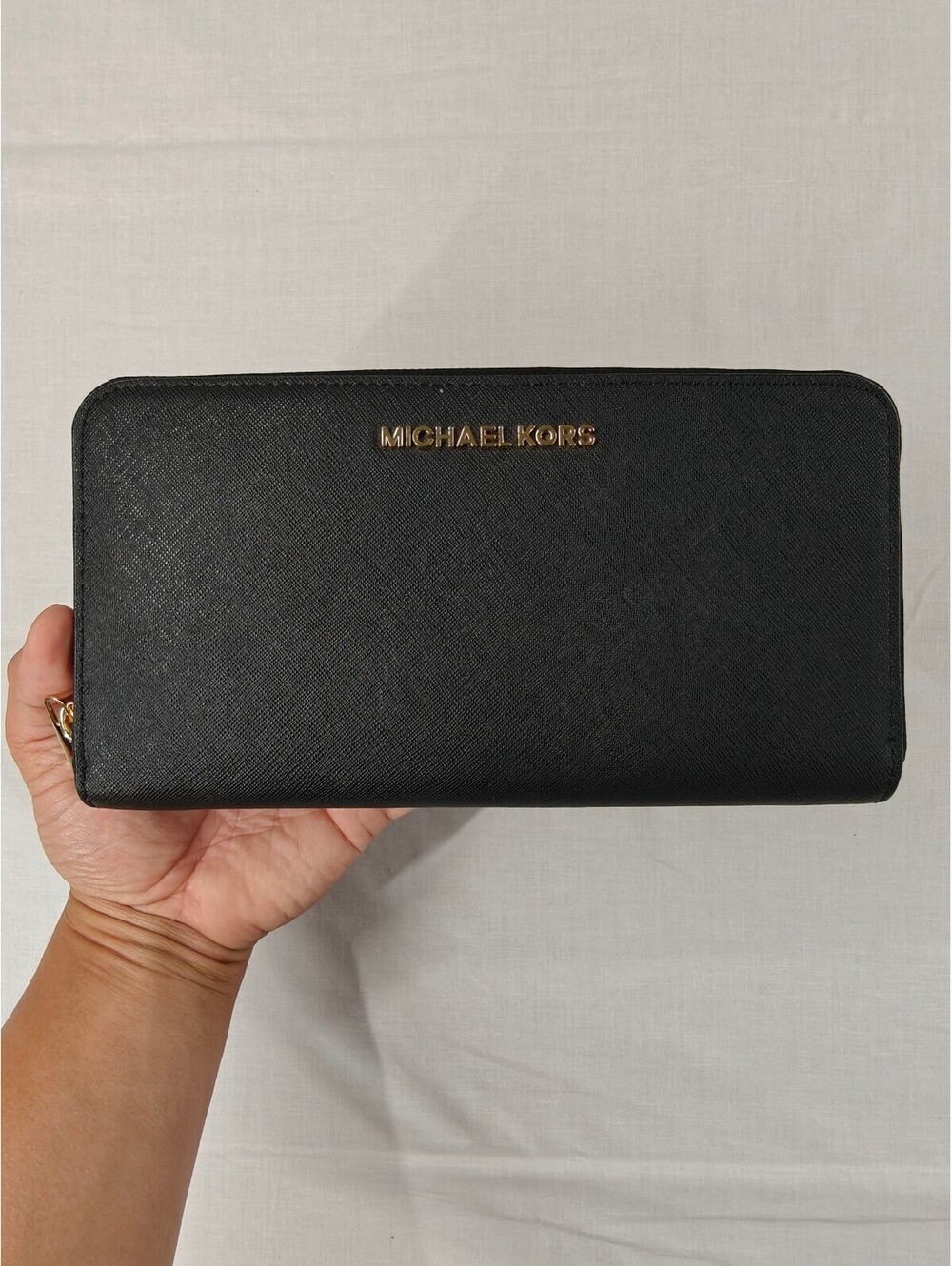Michael Kors Black Saffiano Large Continental Zip Around Wallet Gold Tone